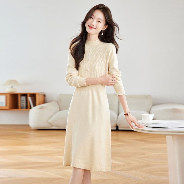 작은 샤넬 스타일 고급 니트 여성 드레스 허리 수축 슬림해 보이는 중간 길이 플리츠 스웨터 드레스 가을 겨울 경기 코트 치마 상세 이미지 29