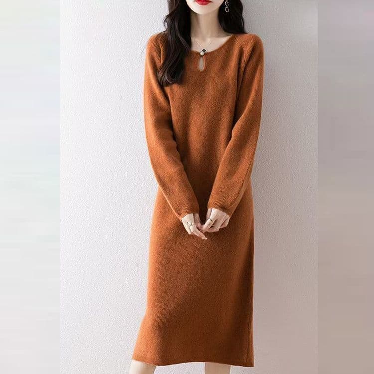 패션 다용도 대양 홈 품격 니트 여성 드레스 가을 겨울 루즈핏 중간 길이 무릎 아래 빅 사이즈 스웨터 드레스 여성 이미지 4