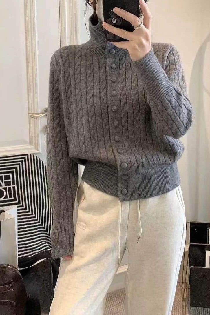 가을 겨울 새로운 스탠드 칼라 다용도 한 부서 패션 꽈배기 두꺼운 니트 오픈 가디건 여성 디자인 센스 단색 외국 가스 스웨터 이미지 6