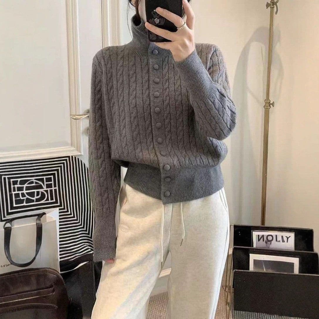 가을 겨울 새로운 스탠드 칼라 다용도 한 부서 패션 꽈배기 두꺼운 니트 오픈 가디건 여성 디자인 센스 단색 외국 가스 스웨터 상세 이미지 7