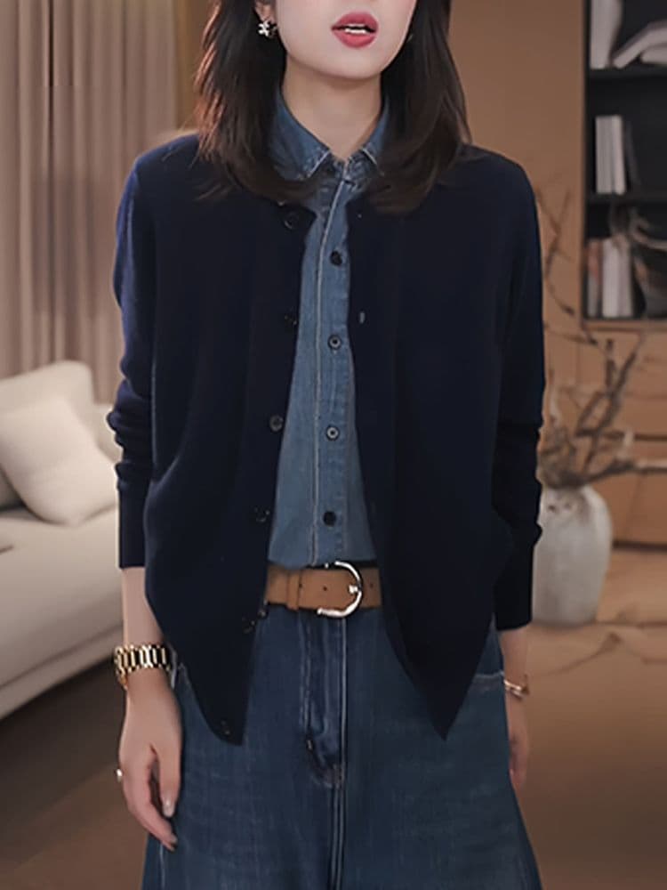 한 부서 페이크 레이어드 고급 센스 품격 긴팔 니트 스웨터 여성 봄 가을 패션 루즈핏 슬림해 보이는 패치워크 색상 오픈 가디건 맨위 상세 이미지 3