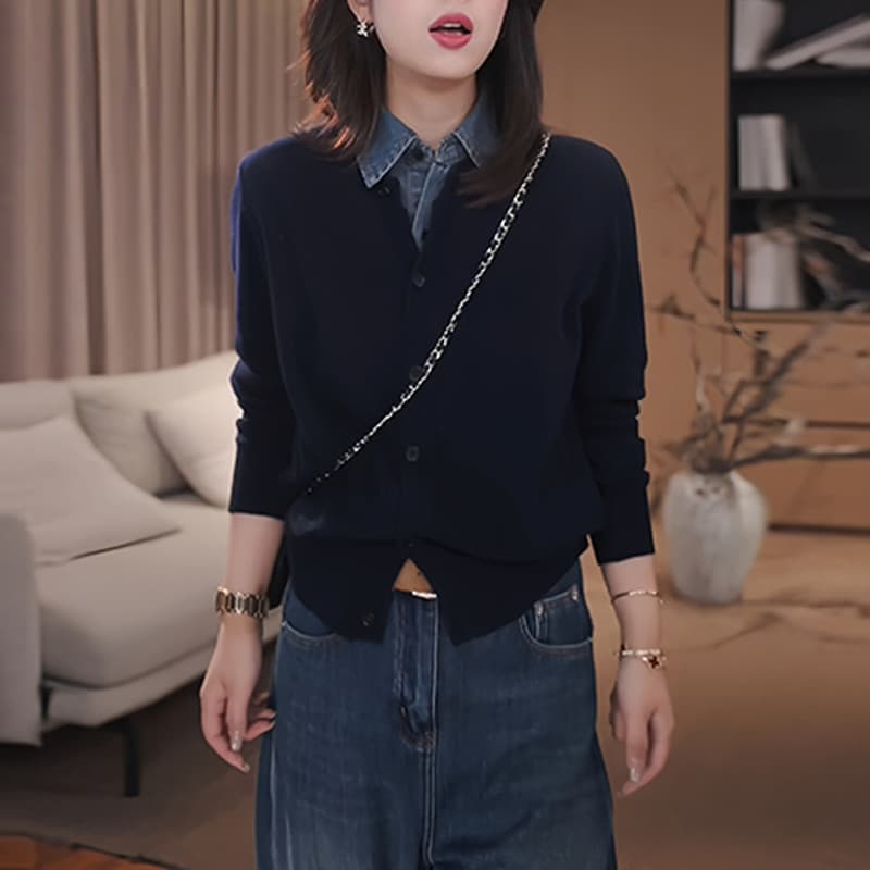 한 부서 페이크 레이어드 고급 센스 품격 긴팔 니트 스웨터 여성 봄 가을 패션 루즈핏 슬림해 보이는 패치워크 색상 오픈 가디건 맨위 상세 이미지 12