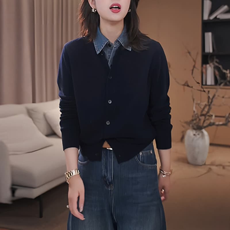 한 부서 페이크 레이어드 고급 센스 품격 긴팔 니트 스웨터 여성 봄 가을 패션 루즈핏 슬림해 보이는 패치워크 색상 오픈 가디건 맨위 상세 이미지 14