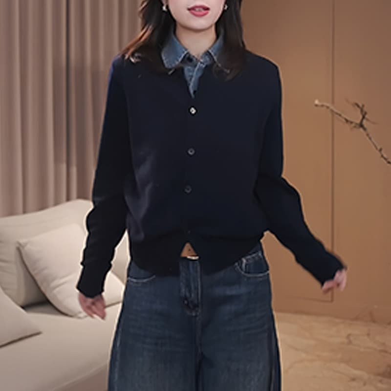 한 부서 페이크 레이어드 고급 센스 품격 긴팔 니트 스웨터 여성 봄 가을 패션 루즈핏 슬림해 보이는 패치워크 색상 오픈 가디건 맨위 상세 이미지 18