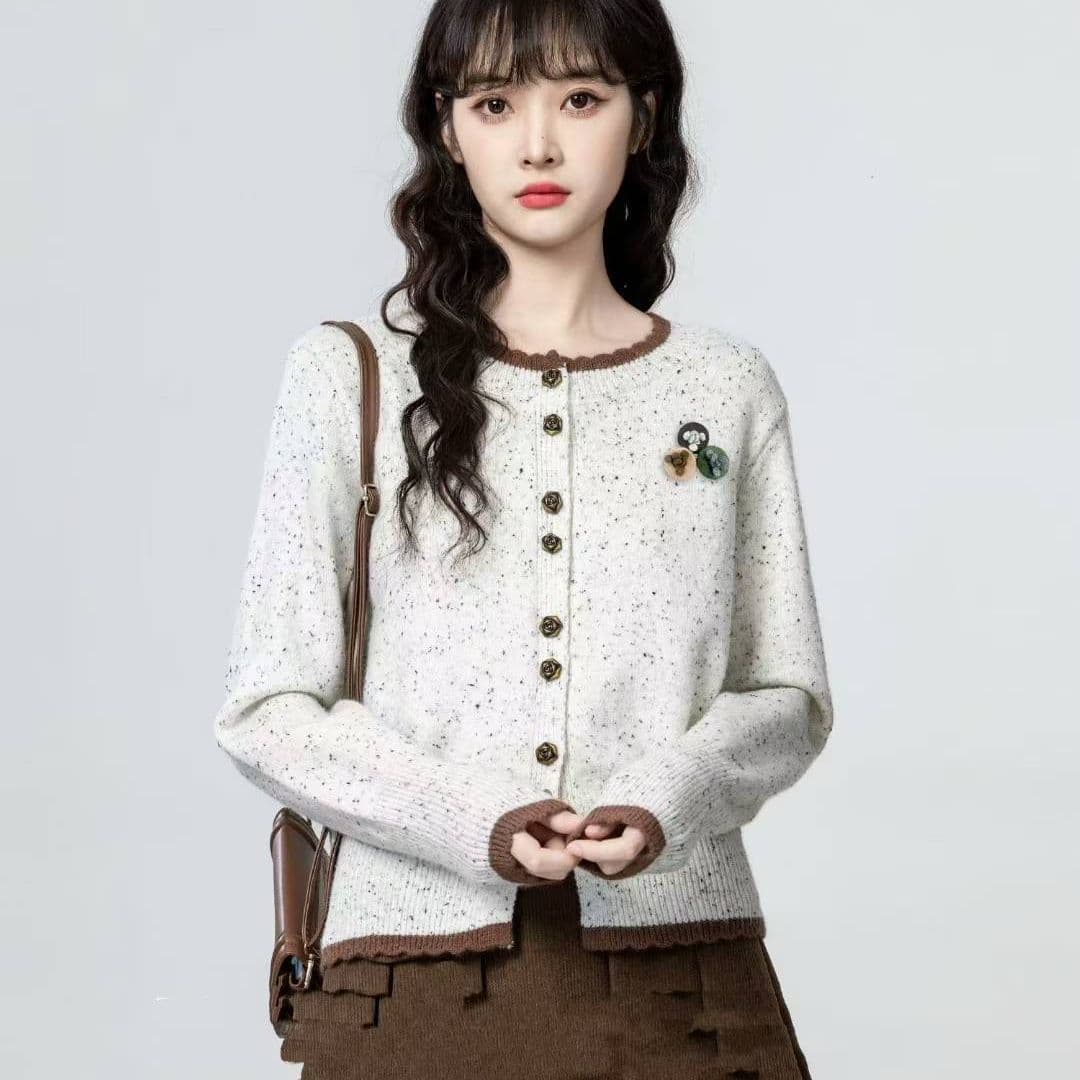 새로운 봄 가을 레트로 라운드 넥 니트 쇼트 스타일 오픈 가디건 스웨터 여자 디자인 센스 Chic 배색 다용도 외국 가스 재킷 상세 이미지 3