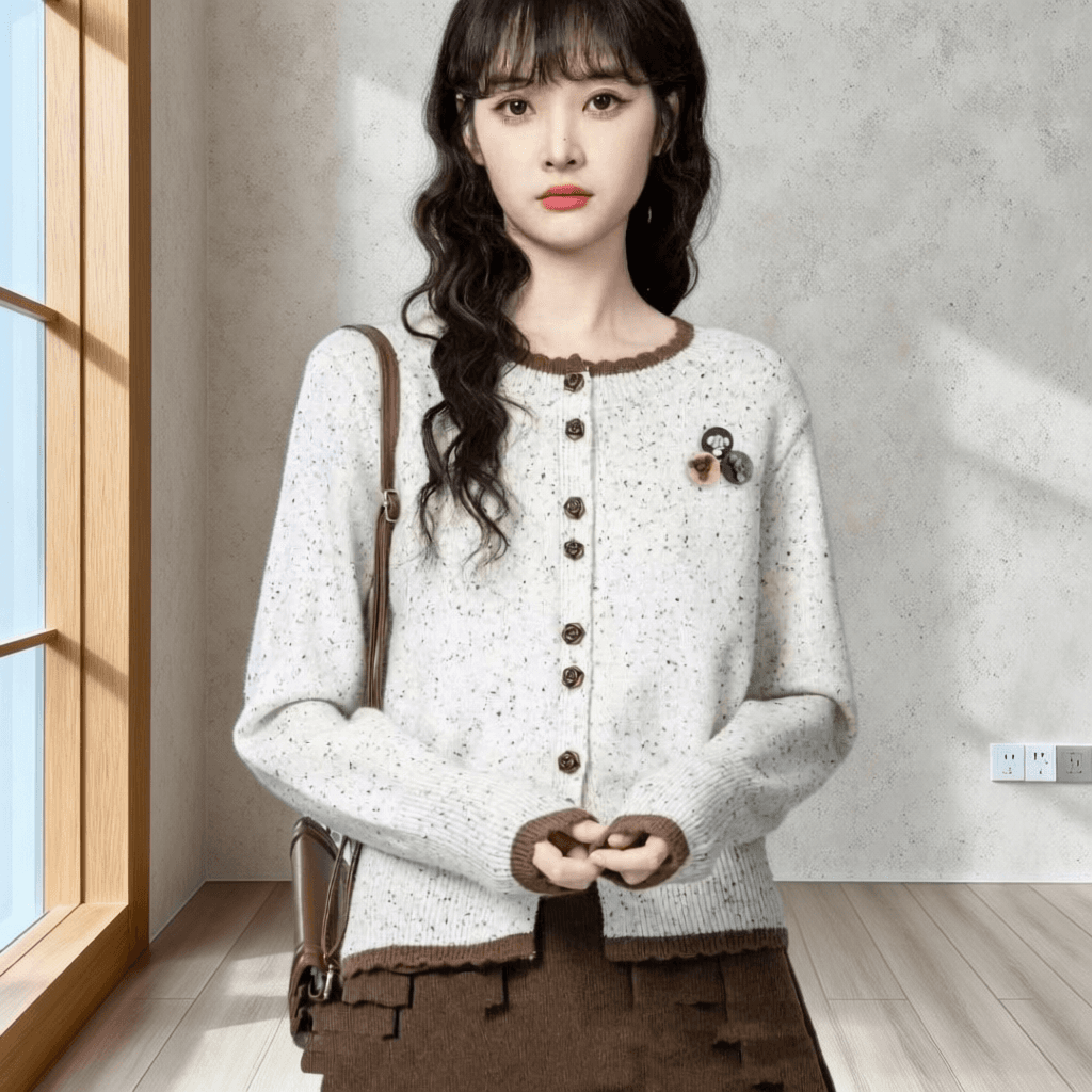 새로운 봄 가을 레트로 라운드 넥 니트 쇼트 스타일 오픈 가디건 스웨터 여자 디자인 센스 Chic 배색 다용도 외국 가스 재킷 상세 이미지 5