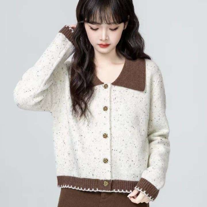 작은 샤넬 스타일 폴로 칼라 프로 피부 스웨터 코트 봄 가을 새로운 디자인 센스 배색 연령 감소 니트 오픈 가디건 쇼트 스타일 맨위 상세 이미지 2