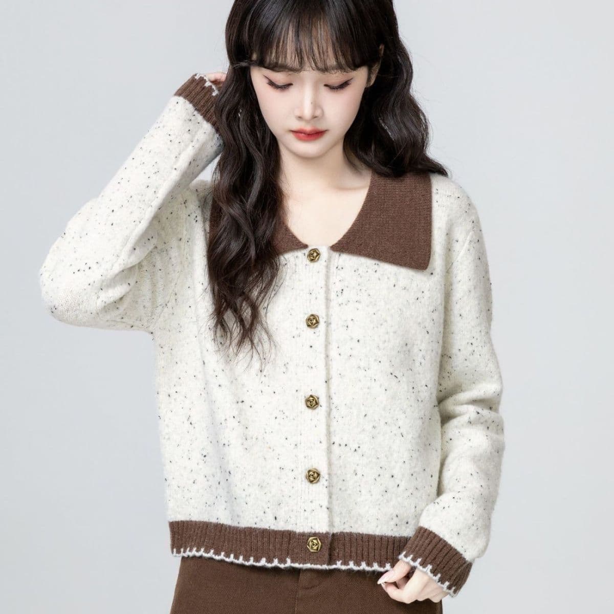 작은 샤넬 스타일 폴로 칼라 프로 피부 스웨터 코트 봄 가을 새로운 디자인 센스 배색 연령 감소 니트 오픈 가디건 쇼트 스타일 맨위 상세 이미지 12