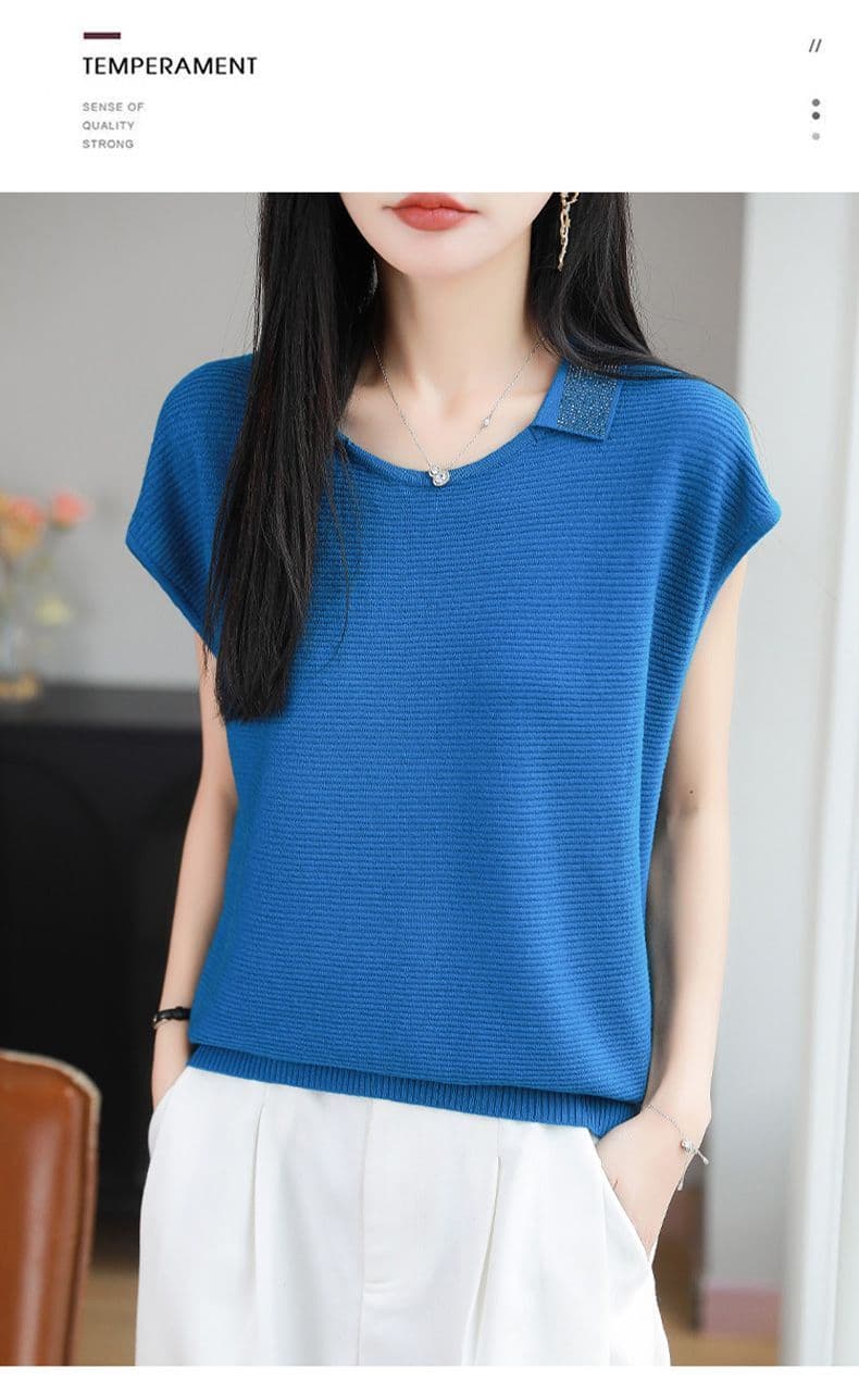 고급 뽕나무 누에 실크 티셔츠 프랑스식 연령 감소 폴로 칼라 핫픽스 주간 실크 니트 스웨터 여성 여름 다용도 루즈핏 맨위 상세 이미지 15