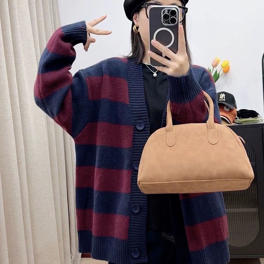 가을 겨울 연령 감소 루즈핏 슬림해 보이는 스트라이프 느긋한 새로운 긴팔 스웨터 오픈 가디건 니트 니트 스웨터 재킷 맨위 여성 이미지 2