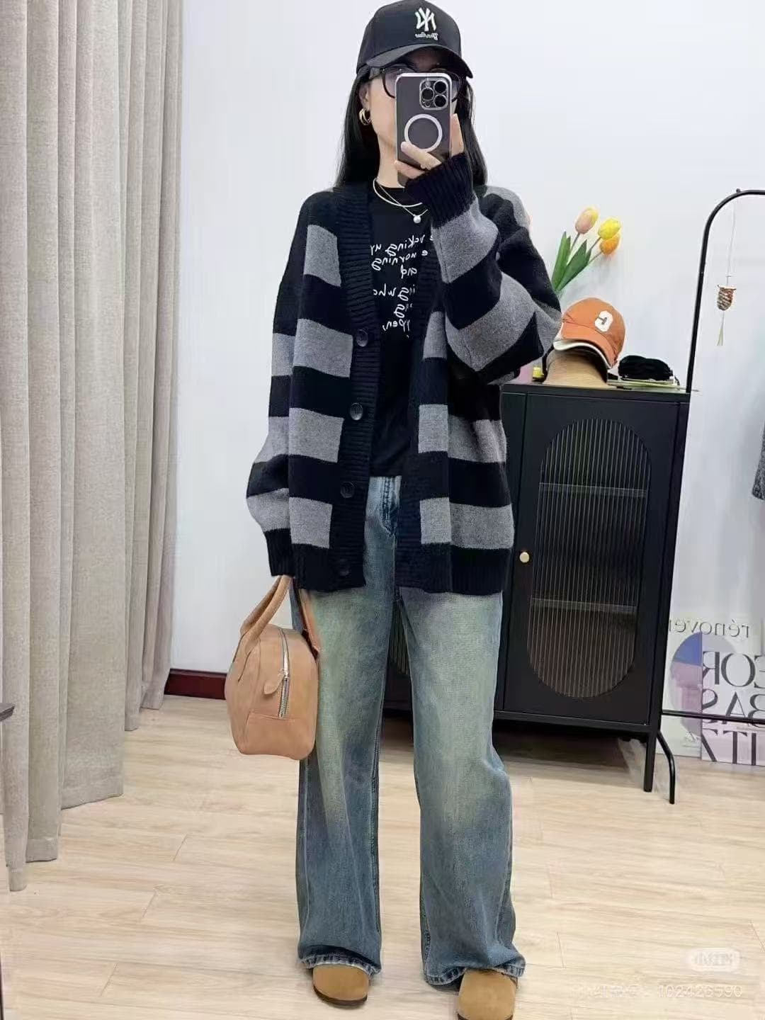 가을 겨울 연령 감소 루즈핏 슬림해 보이는 스트라이프 느긋한 새로운 긴팔 스웨터 오픈 가디건 니트 니트 스웨터 재킷 맨위 여성 상세 이미지 4