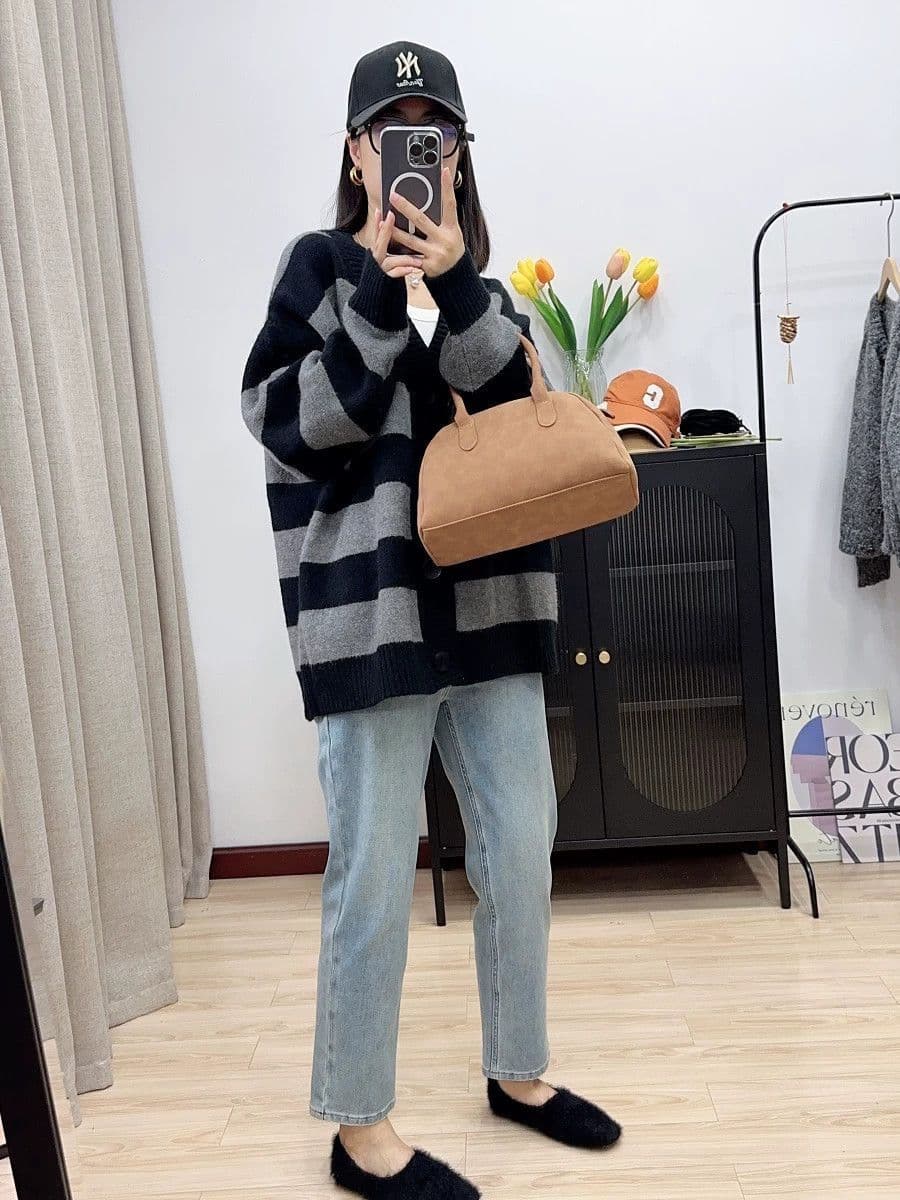 가을 겨울 연령 감소 루즈핏 슬림해 보이는 스트라이프 느긋한 새로운 긴팔 스웨터 오픈 가디건 니트 니트 스웨터 재킷 맨위 여성 상세 이미지 5