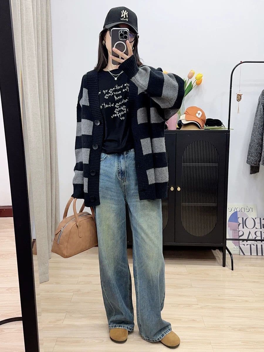 가을 겨울 연령 감소 루즈핏 슬림해 보이는 스트라이프 느긋한 새로운 긴팔 스웨터 오픈 가디건 니트 니트 스웨터 재킷 맨위 여성 상세 이미지 6