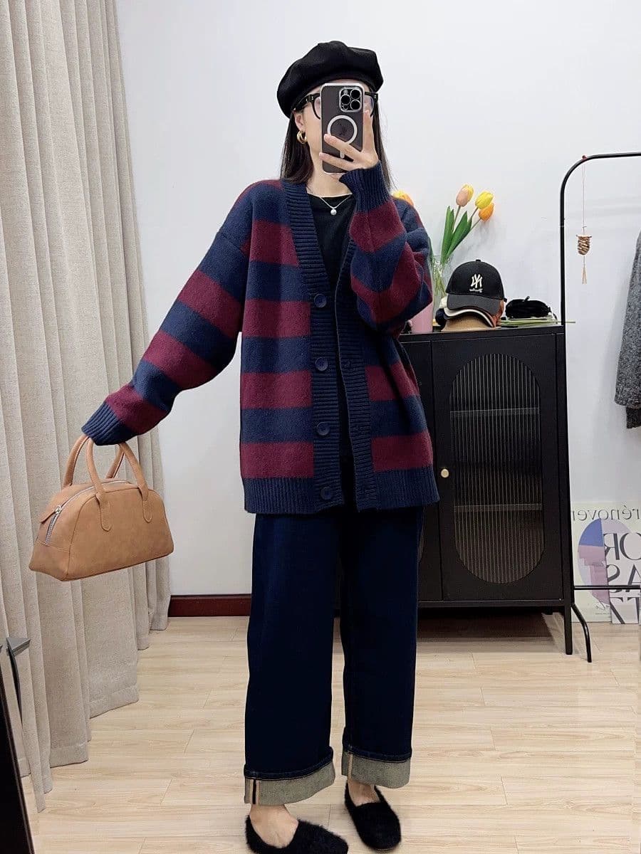 가을 겨울 연령 감소 루즈핏 슬림해 보이는 스트라이프 느긋한 새로운 긴팔 스웨터 오픈 가디건 니트 니트 스웨터 재킷 맨위 여성 상세 이미지 10