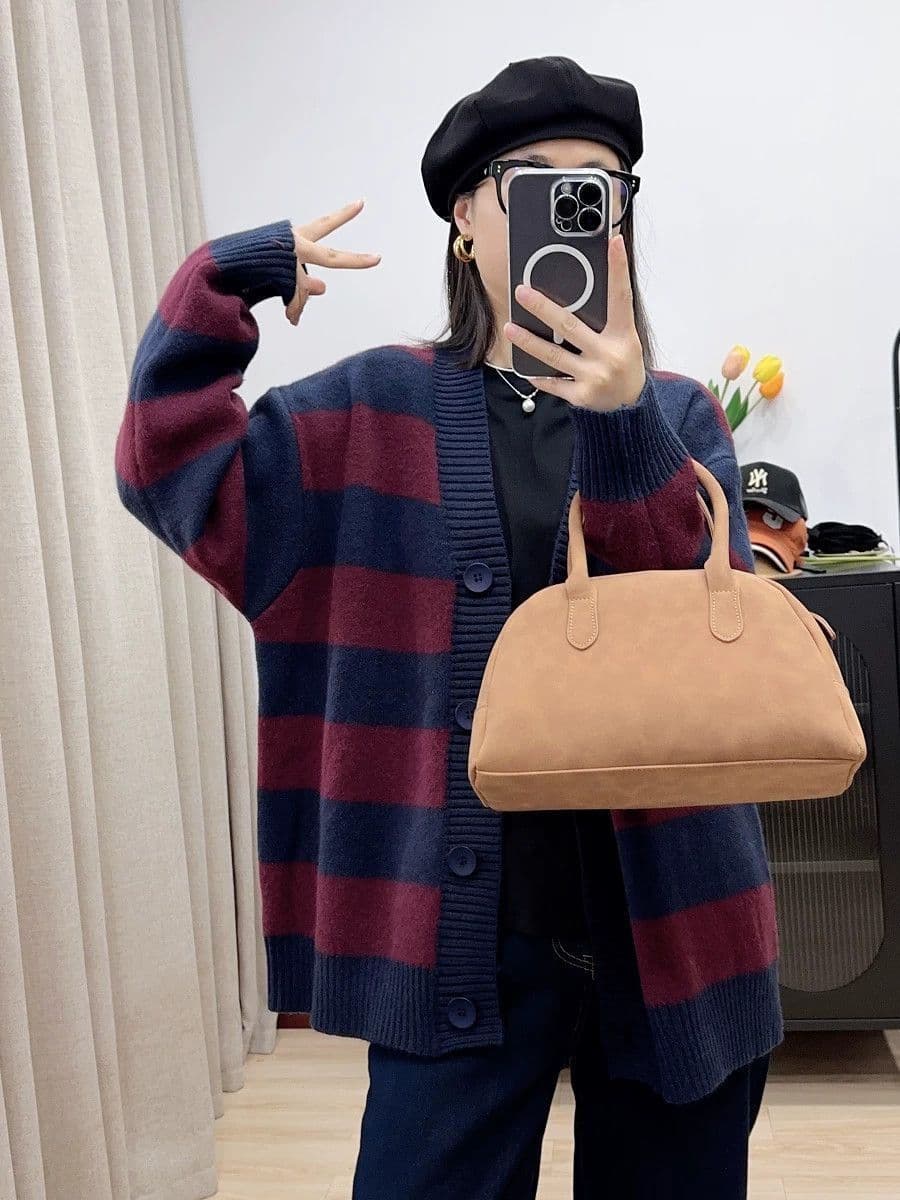 가을 겨울 연령 감소 루즈핏 슬림해 보이는 스트라이프 느긋한 새로운 긴팔 스웨터 오픈 가디건 니트 니트 스웨터 재킷 맨위 여성 상세 이미지 11