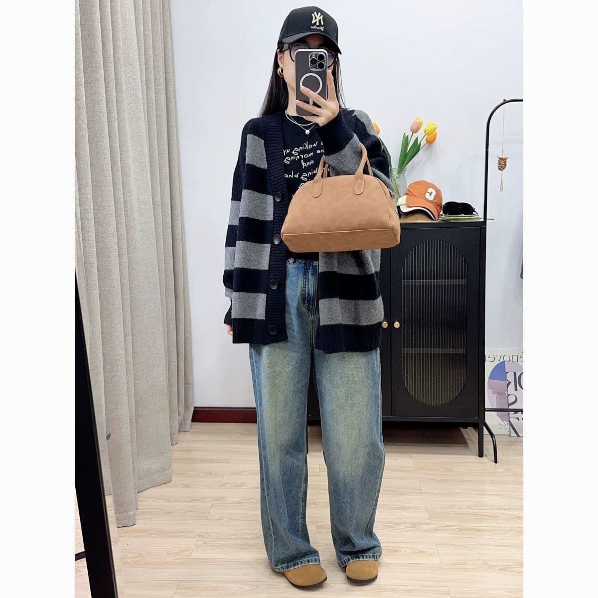 가을 겨울 연령 감소 루즈핏 슬림해 보이는 스트라이프 느긋한 새로운 긴팔 스웨터 오픈 가디건 니트 니트 스웨터 재킷 맨위 여성 상세 이미지 14