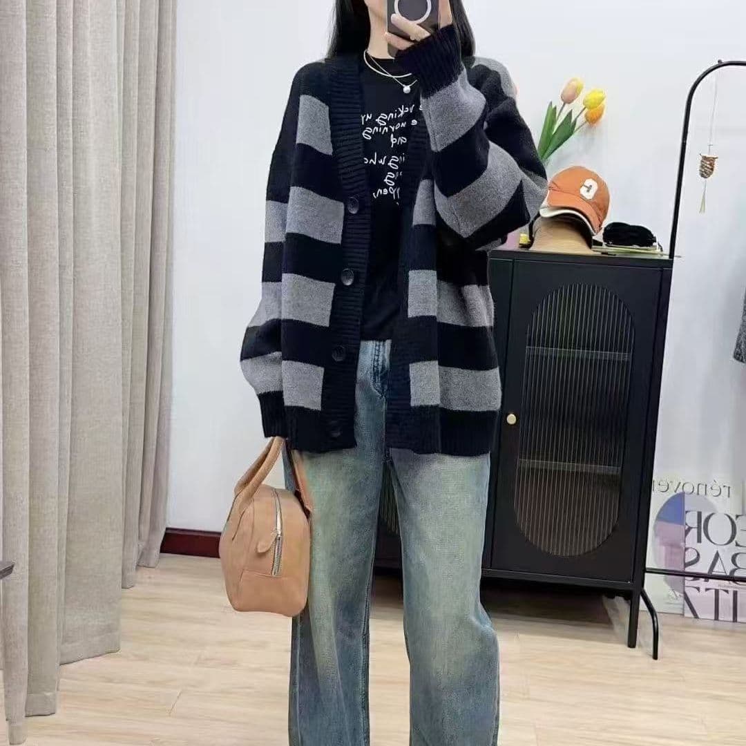 가을 겨울 연령 감소 루즈핏 슬림해 보이는 스트라이프 느긋한 새로운 긴팔 스웨터 오픈 가디건 니트 니트 스웨터 재킷 맨위 여성 상세 이미지 16