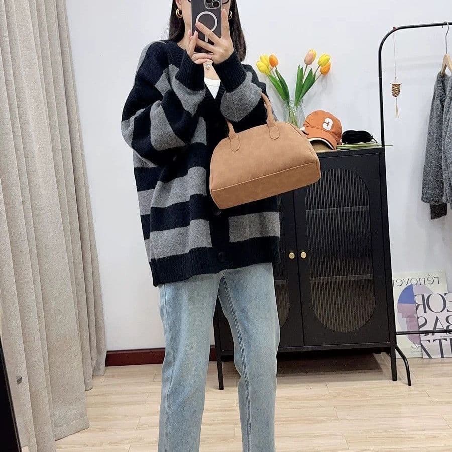 가을 겨울 연령 감소 루즈핏 슬림해 보이는 스트라이프 느긋한 새로운 긴팔 스웨터 오픈 가디건 니트 니트 스웨터 재킷 맨위 여성 상세 이미지 17