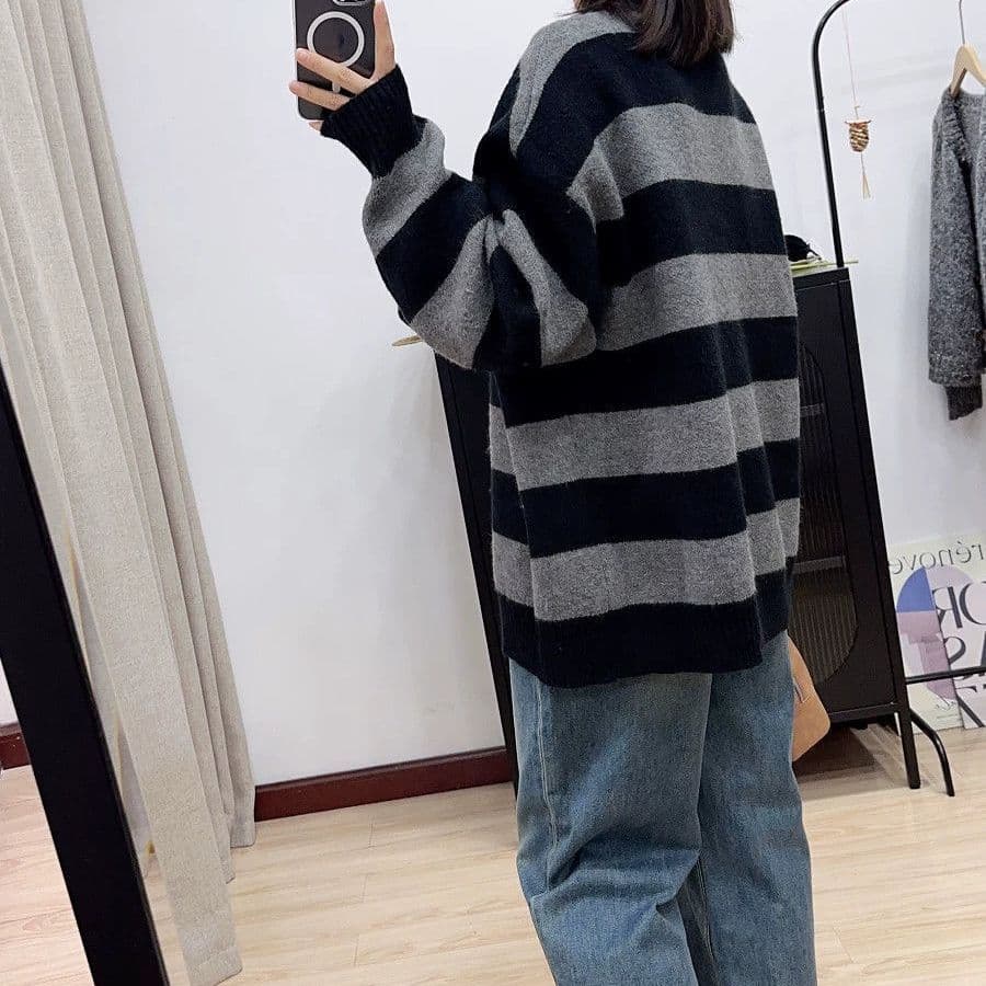 가을 겨울 연령 감소 루즈핏 슬림해 보이는 스트라이프 느긋한 새로운 긴팔 스웨터 오픈 가디건 니트 니트 스웨터 재킷 맨위 여성 상세 이미지 19