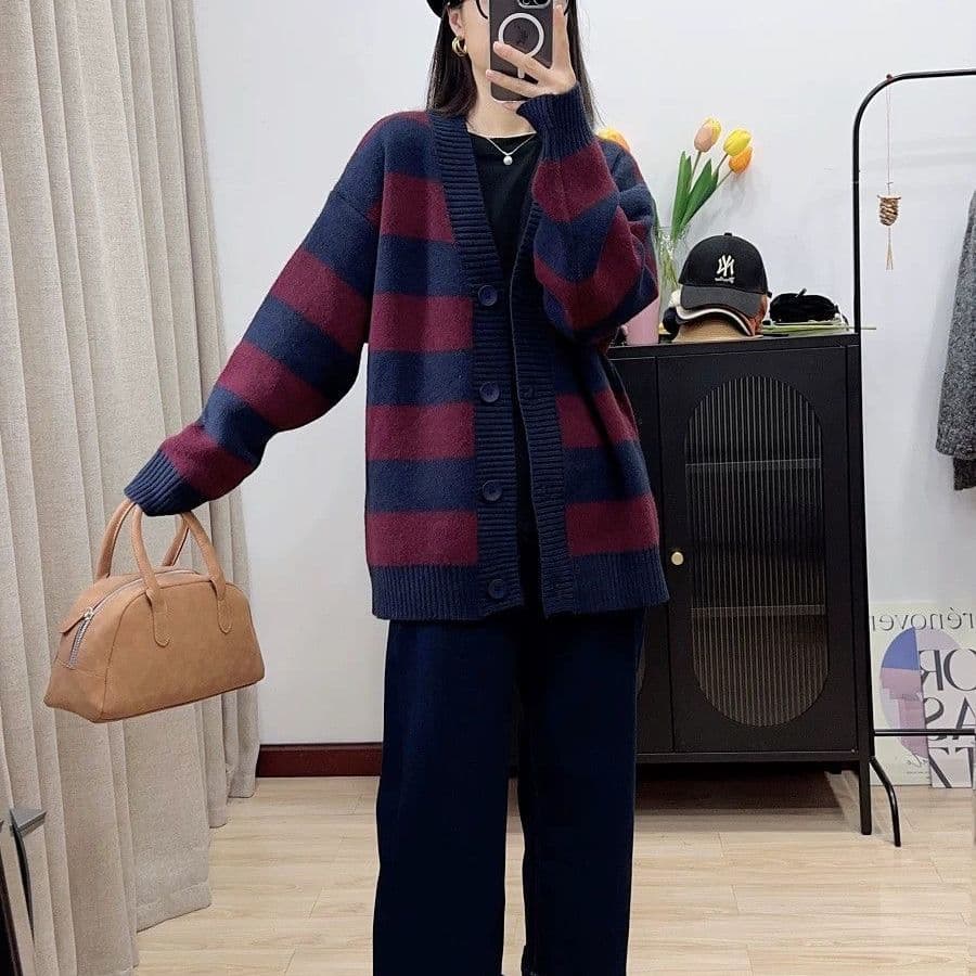가을 겨울 연령 감소 루즈핏 슬림해 보이는 스트라이프 느긋한 새로운 긴팔 스웨터 오픈 가디건 니트 니트 스웨터 재킷 맨위 여성 상세 이미지 23