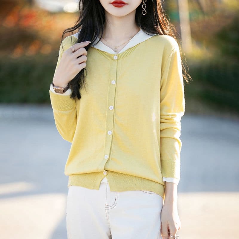 배색 페이크 레이어드 후드 니트 오픈 가디건 여성 고급 센스 짧은 외투 스웨터 봄 가을 새로운 다용도 연령 감소 맨위 이미지 2