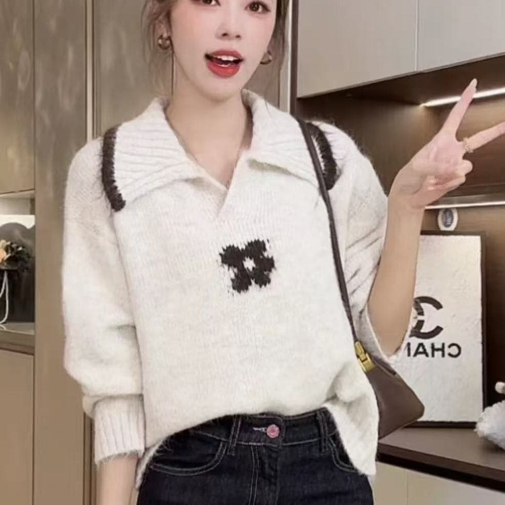 폴로 칼라 디자인 레트로 꽃 니트 풀오버 쇼트 스타일 배색 스웨터 가을 겨울 출퇴근 루즈핏 새로운 느긋한 맨위 상세 이미지 2