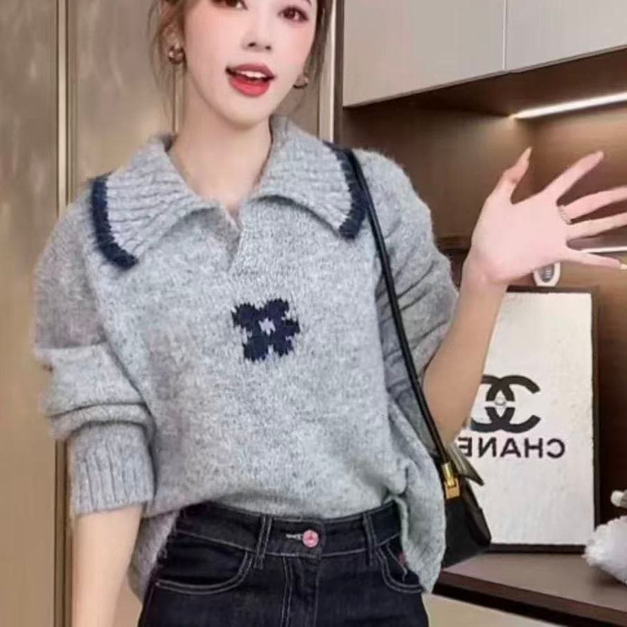 폴로 칼라 디자인 레트로 꽃 니트 풀오버 쇼트 스타일 배색 스웨터 가을 겨울 출퇴근 루즈핏 새로운 느긋한 맨위 상세 이미지 8