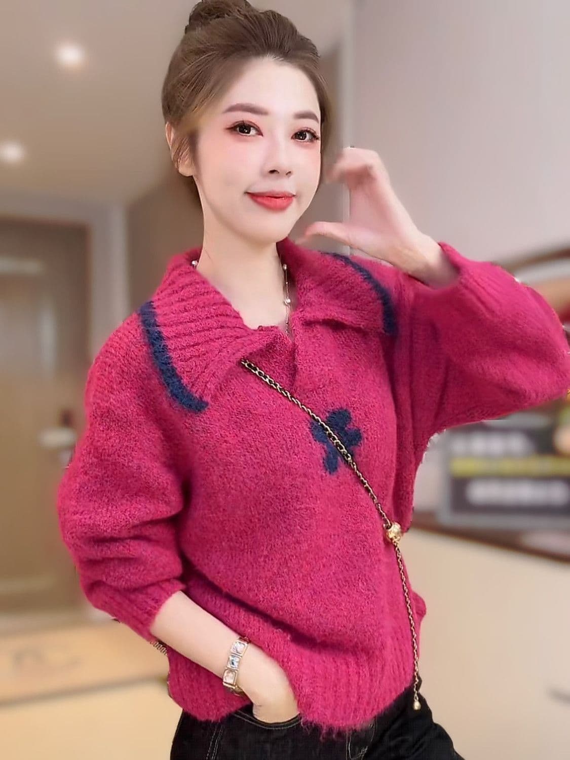 폴로 칼라 디자인 레트로 꽃 니트 풀오버 쇼트 스타일 배색 스웨터 가을 겨울 출퇴근 루즈핏 새로운 느긋한 맨위 상세 이미지 10