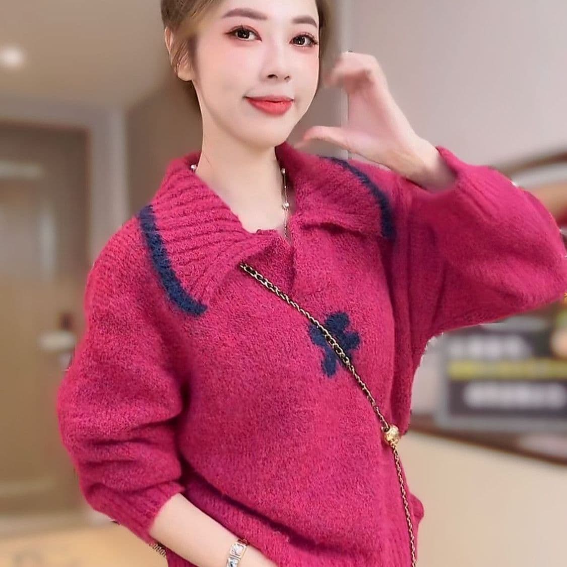 폴로 칼라 디자인 레트로 꽃 니트 풀오버 쇼트 스타일 배색 스웨터 가을 겨울 출퇴근 루즈핏 새로운 느긋한 맨위 상세 이미지 18