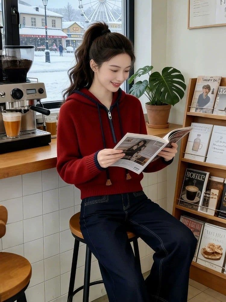 하프 지퍼 후드 니트 스웨터 여성 새로운 가을 겨울 루즈핏 슬림해 보이는 디자인 센스 풀오버 외국 가스 털 외투 셔츠 맨위 상세 이미지 12