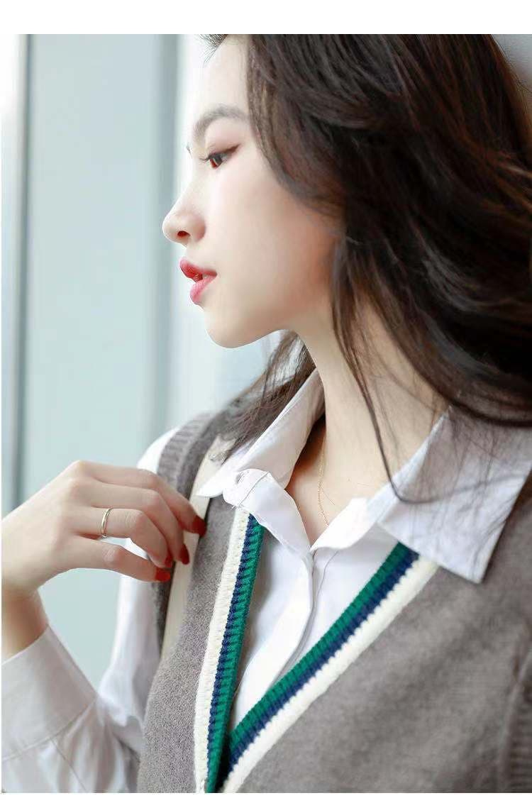 베스트 오픈 가디건 여성 봄 가을 새로운 패션 연령 감소 품격 다용도 민소매 배색 니트 베스트 스웨터 여성 코트 상세 이미지 12