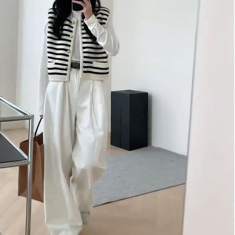샤오시엔 학원 스타일 두꺼운 니트 스트라이프 베스트 스택 착용 조끼 여성 봄 가을 외부 가져 가라. 새로운 오픈 가디건 민소매 베스트 상세 이미지 12