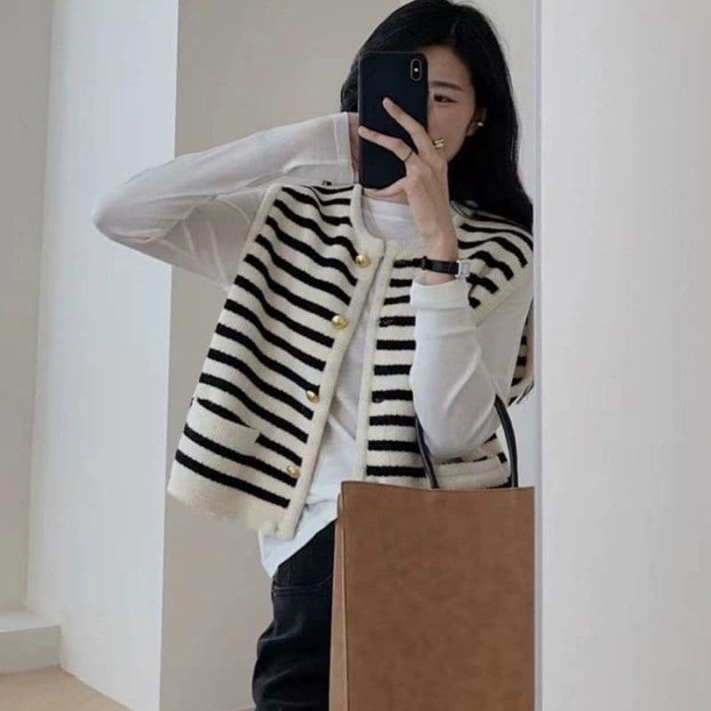 샤오시엔 학원 스타일 두꺼운 니트 스트라이프 베스트 스택 착용 조끼 여성 봄 가을 외부 가져 가라. 새로운 오픈 가디건 민소매 베스트 상세 이미지 26