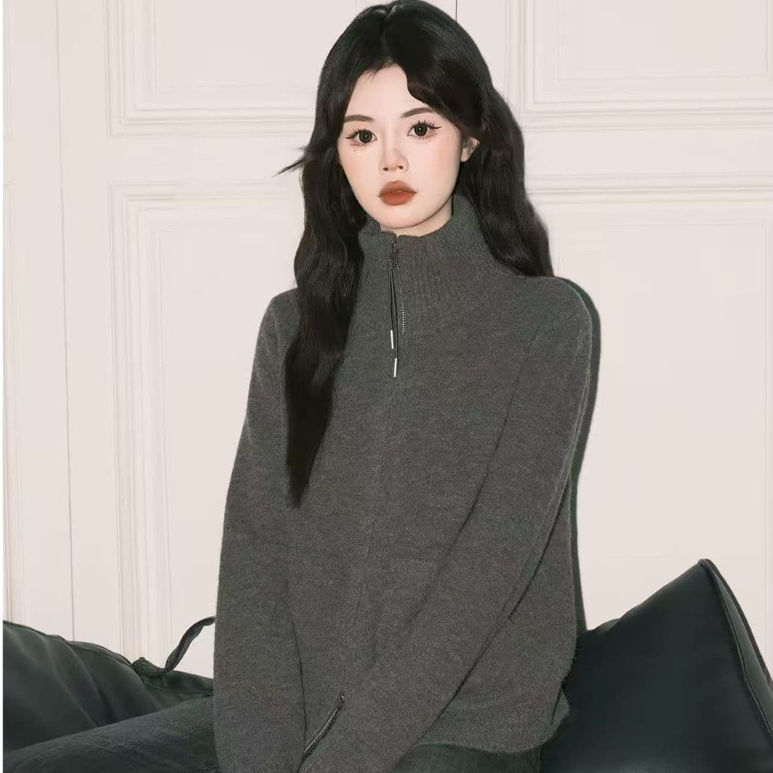 지퍼 터틀넥 스웨터 여자 겨울 두꺼운 느긋한 느슨함 센스 스웨터 분위기 센스 크리스마스 착용 가져 가라. 빨간색 맨위 상세 이미지 8