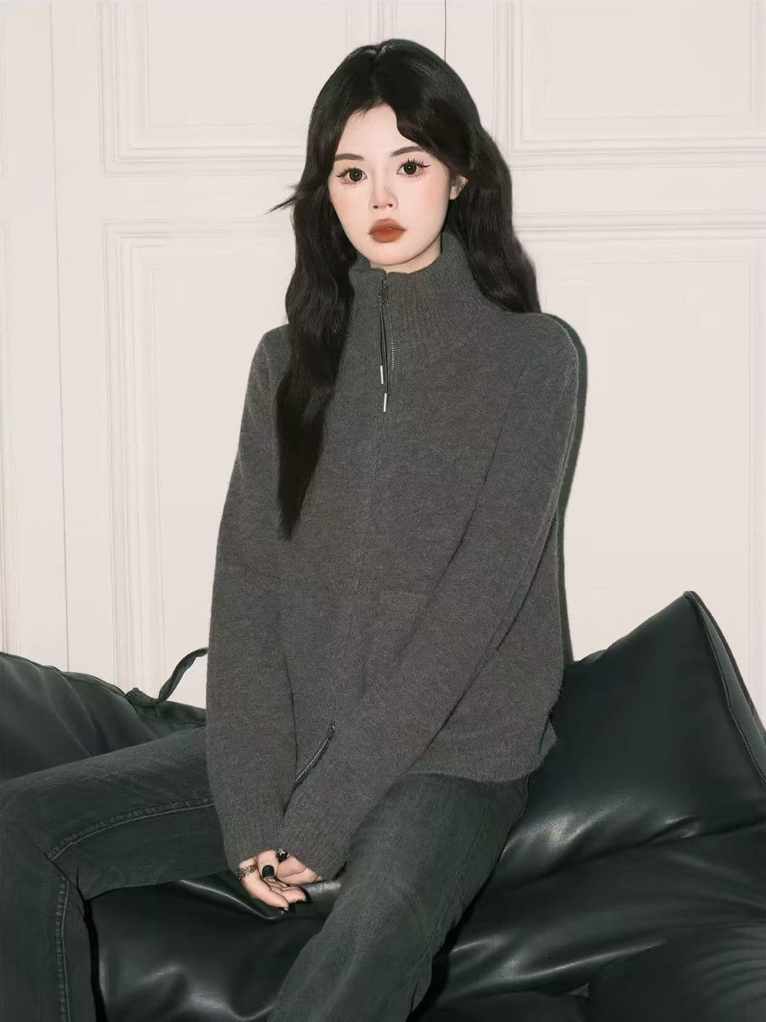 지퍼 터틀넥 스웨터 여자 겨울 두꺼운 느긋한 느슨함 센스 스웨터 분위기 센스 크리스마스 착용 가져 가라. 빨간색 맨위 상세 이미지 10