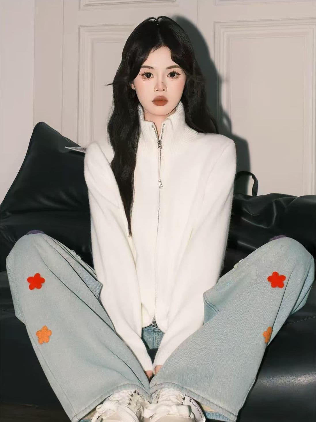 지퍼 터틀넥 스웨터 여자 겨울 두꺼운 느긋한 느슨함 센스 스웨터 분위기 센스 크리스마스 착용 가져 가라. 빨간색 맨위 상세 이미지 13