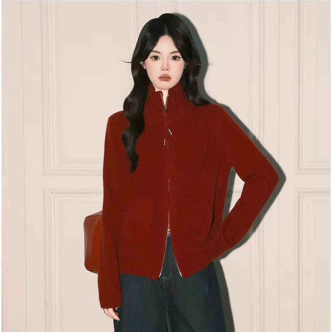 지퍼 터틀넥 스웨터 여자 겨울 두꺼운 느긋한 느슨함 센스 스웨터 분위기 센스 크리스마스 착용 가져 가라. 빨간색 맨위 상세 이미지 20