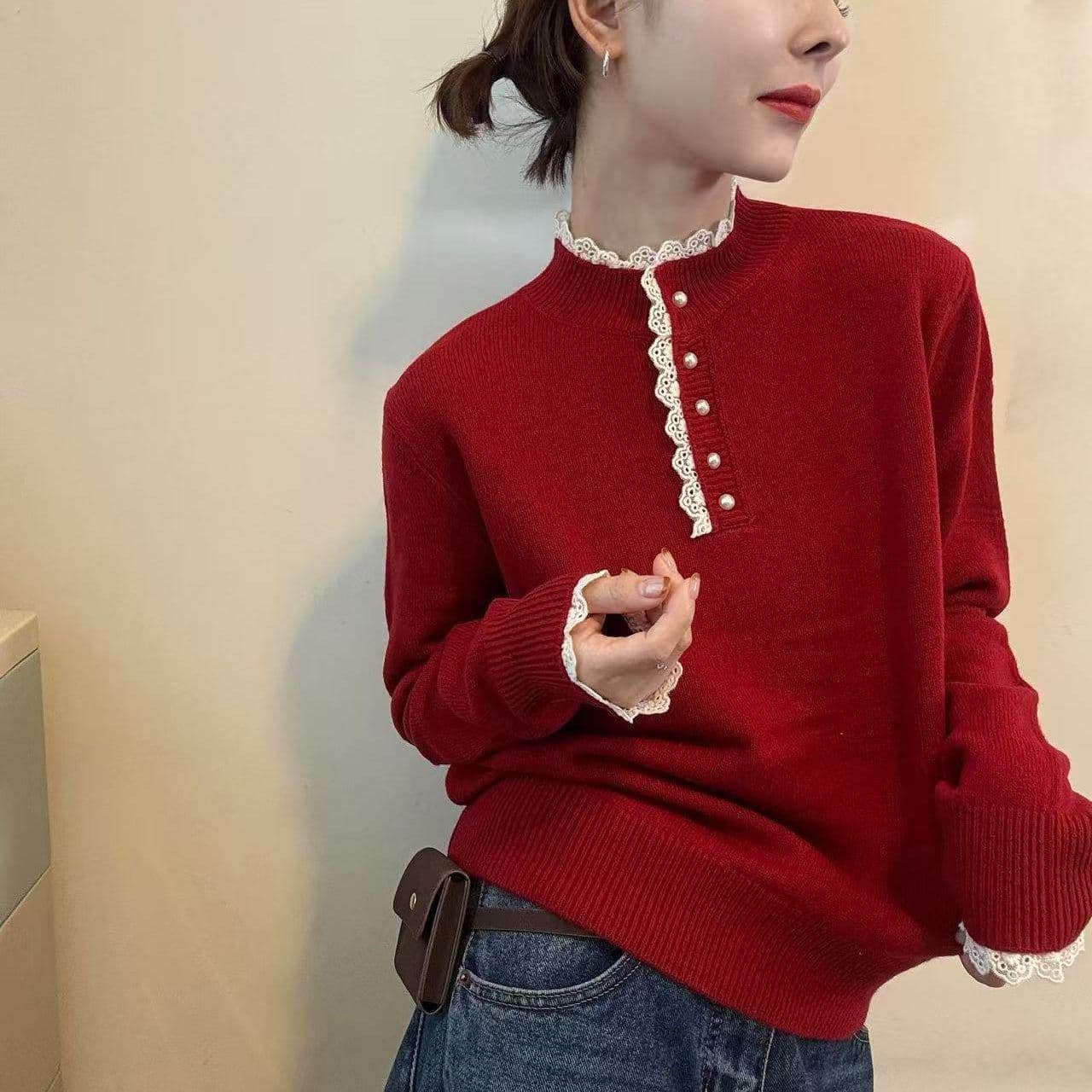 봄 가을 겨울 새로운 패션 유럽 상품 디자인 센스 루즈핏 풀오버 네클라인 레이스 레이스 양모 보온 니트 스웨터 여성 상세 이미지 2