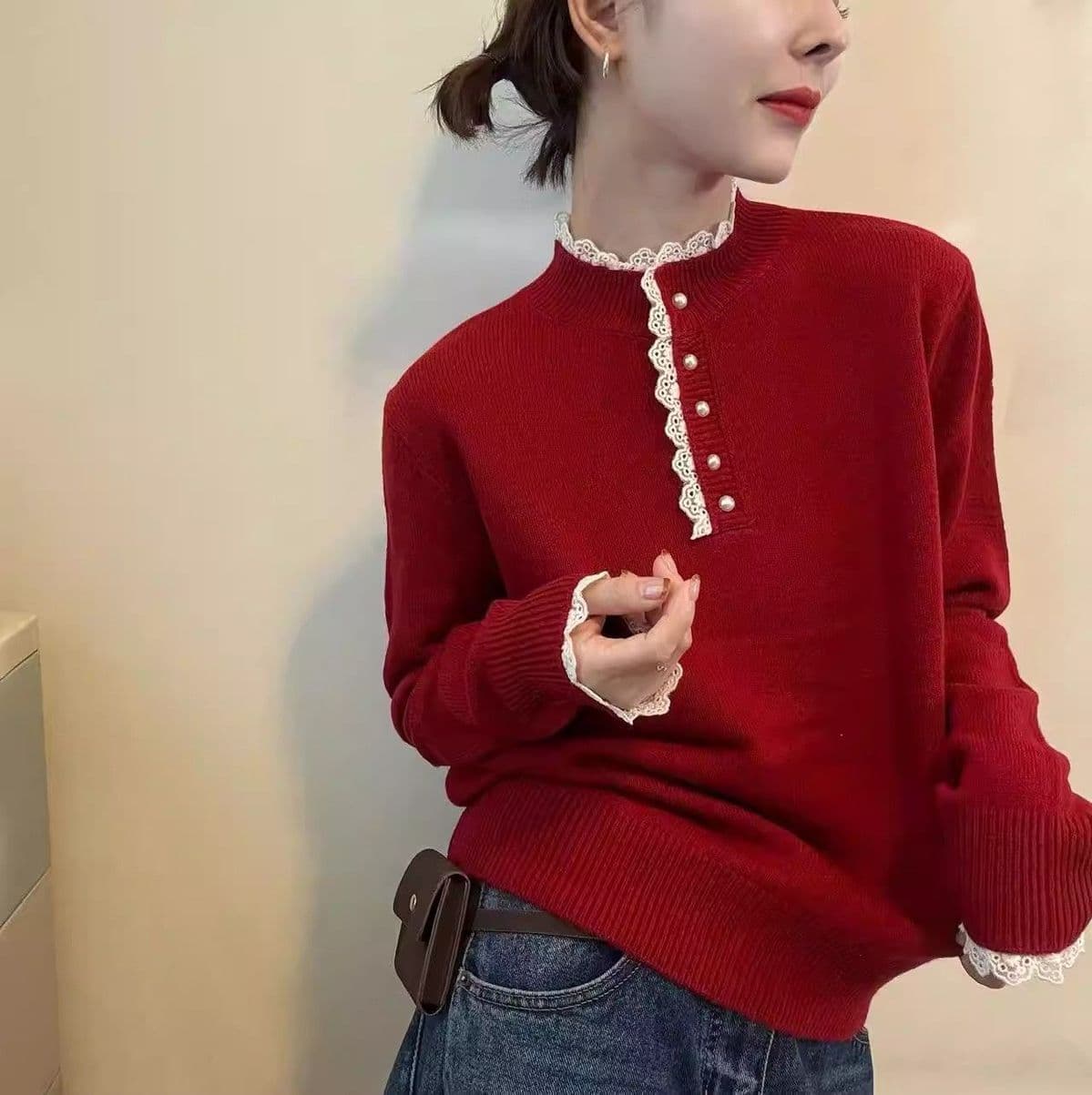 봄 가을 겨울 새로운 패션 유럽 상품 디자인 센스 루즈핏 풀오버 네클라인 레이스 레이스 양모 보온 니트 스웨터 여성 상세 이미지 3