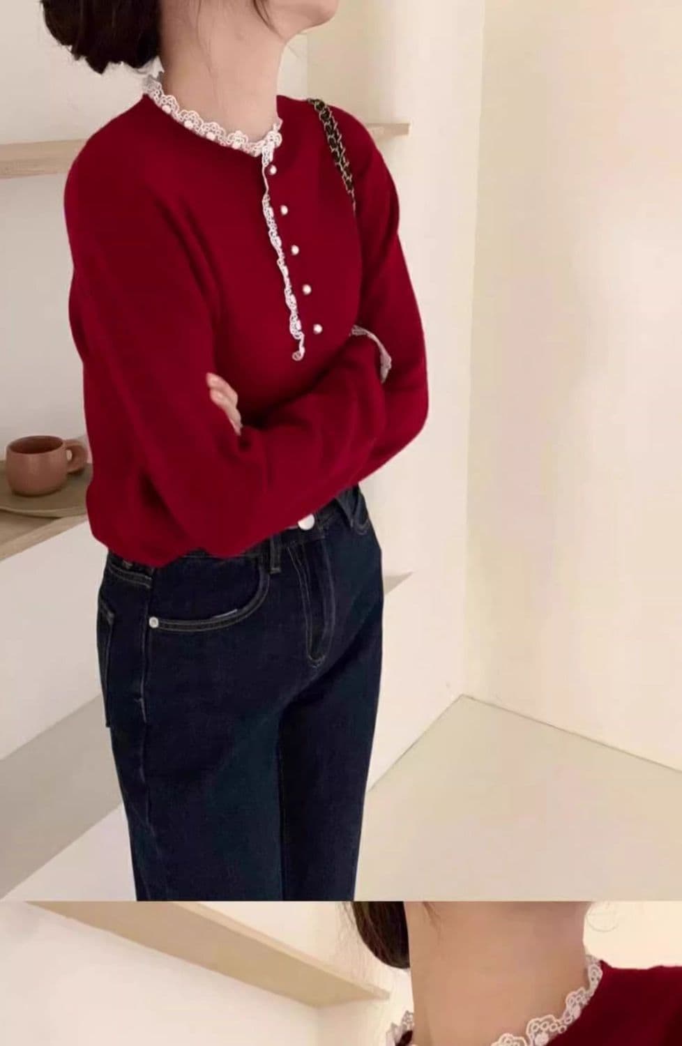 봄 가을 겨울 새로운 패션 유럽 상품 디자인 센스 루즈핏 풀오버 네클라인 레이스 레이스 양모 보온 니트 스웨터 여성 상세 이미지 4