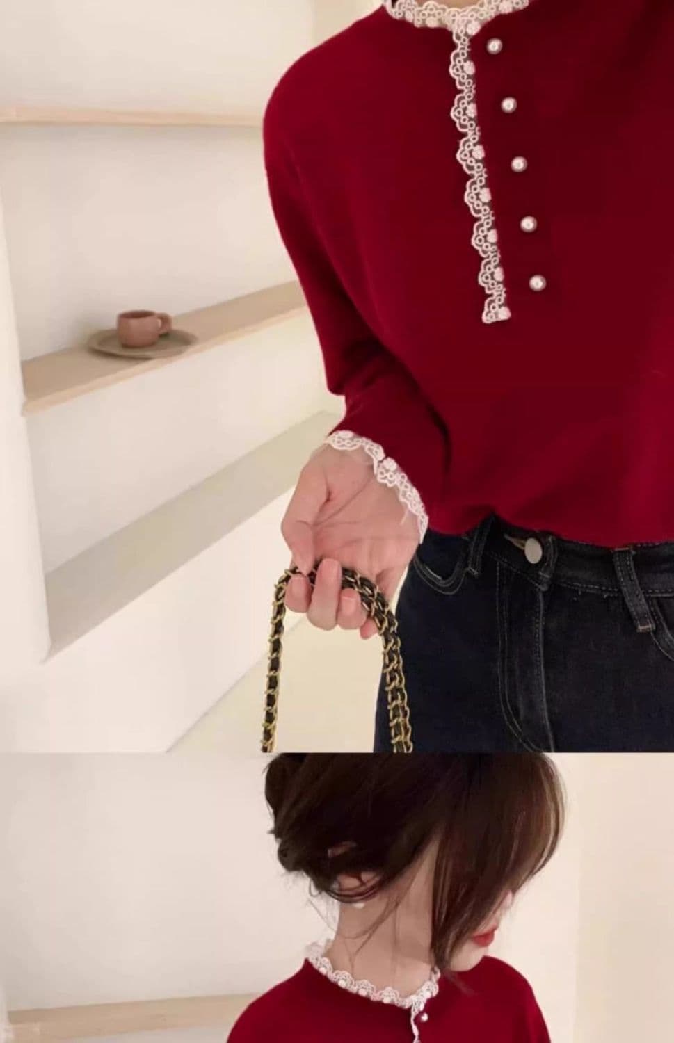 봄 가을 겨울 새로운 패션 유럽 상품 디자인 센스 루즈핏 풀오버 네클라인 레이스 레이스 양모 보온 니트 스웨터 여성 상세 이미지 5
