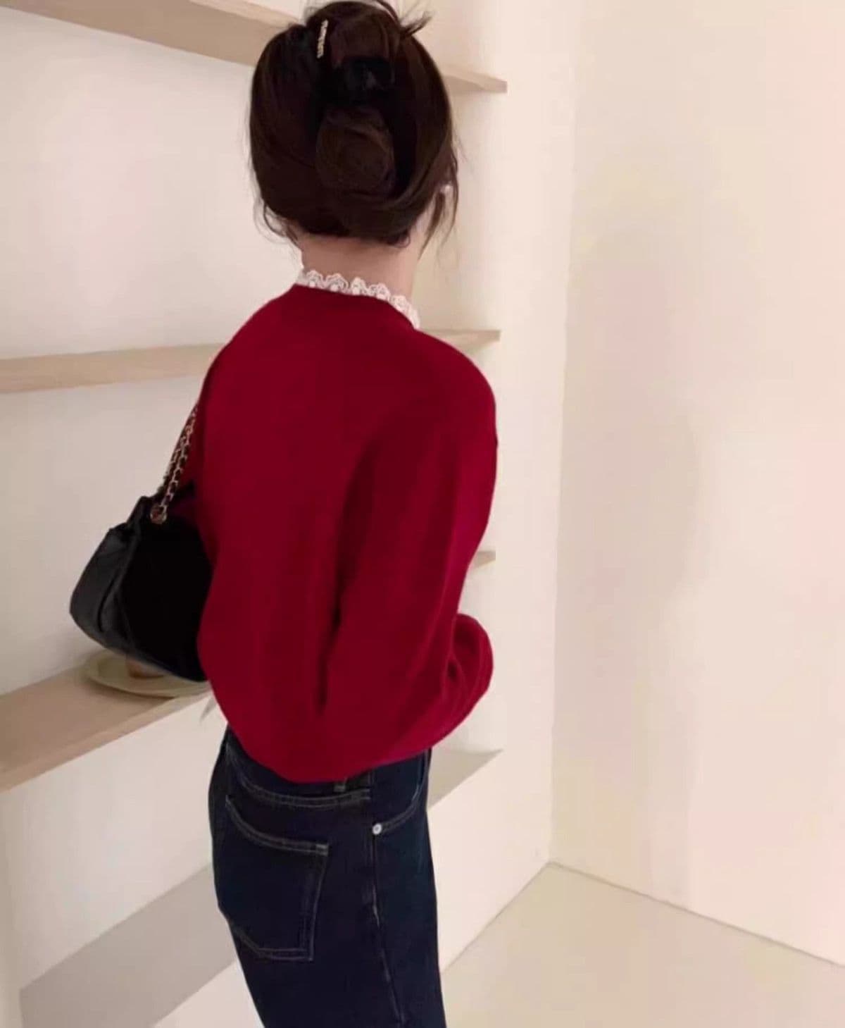 봄 가을 겨울 새로운 패션 유럽 상품 디자인 센스 루즈핏 풀오버 네클라인 레이스 레이스 양모 보온 니트 스웨터 여성 상세 이미지 7