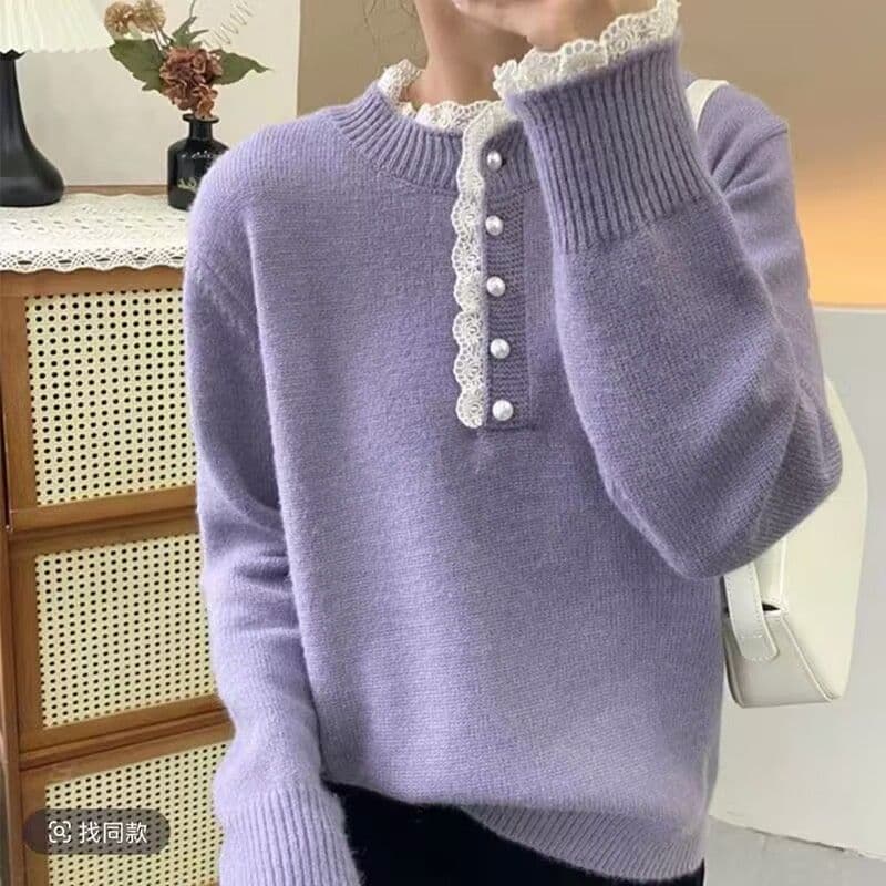 봄 가을 겨울 새로운 패션 유럽 상품 디자인 센스 루즈핏 풀오버 네클라인 레이스 레이스 양모 보온 니트 스웨터 여성 상세 이미지 10