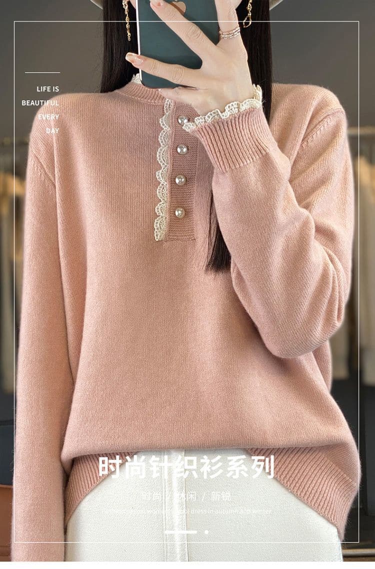 봄 가을 겨울 새로운 패션 유럽 상품 디자인 센스 루즈핏 풀오버 네클라인 레이스 레이스 양모 보온 니트 스웨터 여성 상세 이미지 11