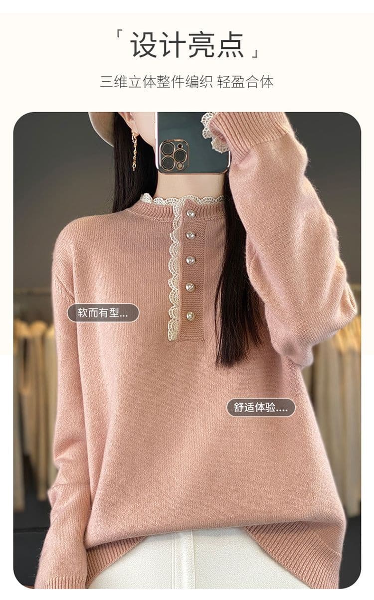 봄 가을 겨울 새로운 패션 유럽 상품 디자인 센스 루즈핏 풀오버 네클라인 레이스 레이스 양모 보온 니트 스웨터 여성 상세 이미지 12