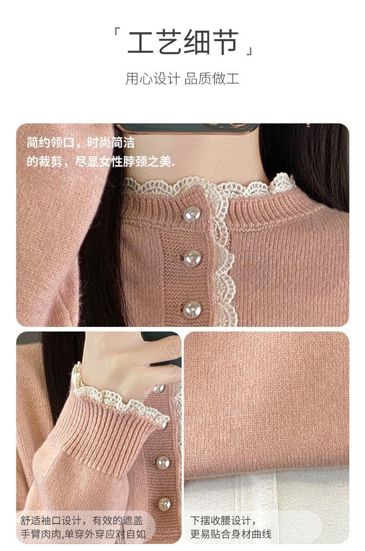 봄 가을 겨울 새로운 패션 유럽 상품 디자인 센스 루즈핏 풀오버 네클라인 레이스 레이스 양모 보온 니트 스웨터 여성 상세 이미지 14
