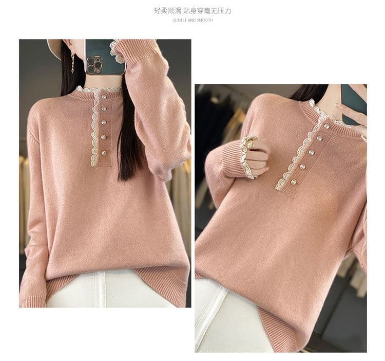 봄 가을 겨울 새로운 패션 유럽 상품 디자인 센스 루즈핏 풀오버 네클라인 레이스 레이스 양모 보온 니트 스웨터 여성 상세 이미지 17