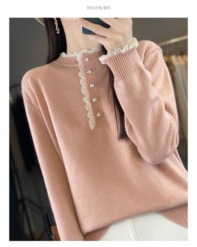 봄 가을 겨울 새로운 패션 유럽 상품 디자인 센스 루즈핏 풀오버 네클라인 레이스 레이스 양모 보온 니트 스웨터 여성 상세 이미지 18