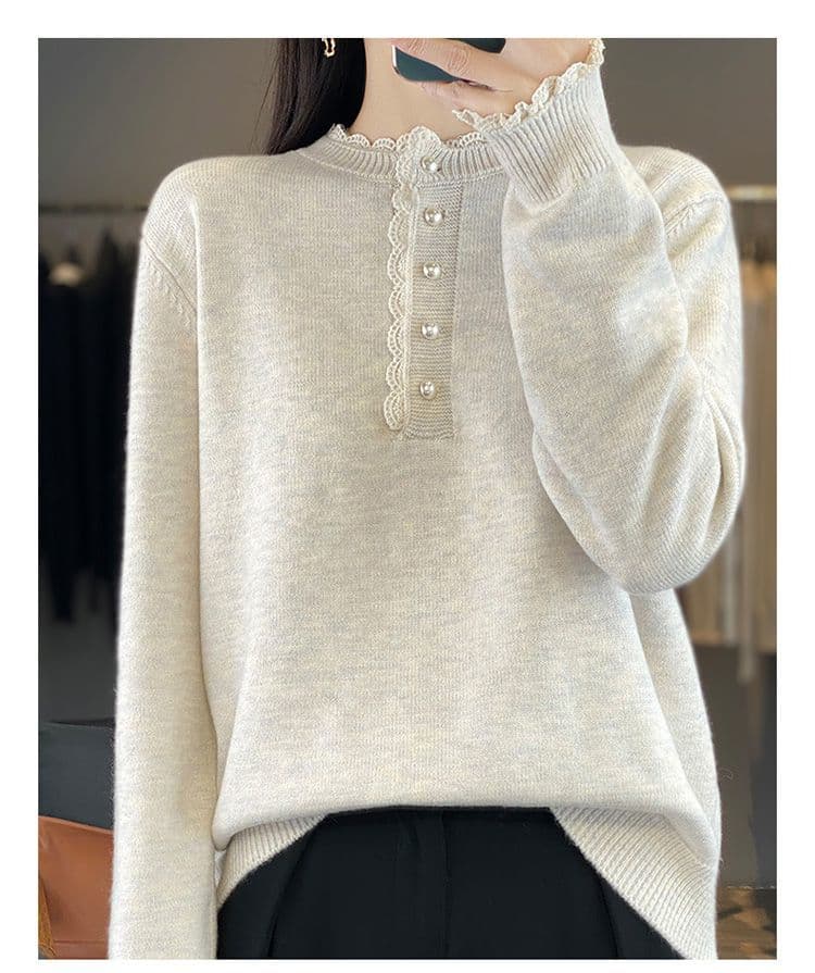 봄 가을 겨울 새로운 패션 유럽 상품 디자인 센스 루즈핏 풀오버 네클라인 레이스 레이스 양모 보온 니트 스웨터 여성 상세 이미지 19