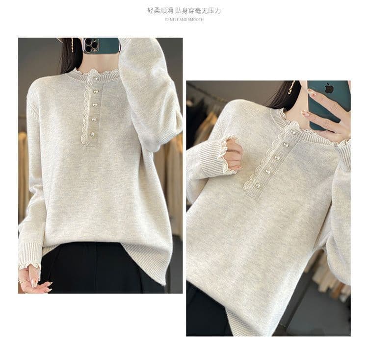 봄 가을 겨울 새로운 패션 유럽 상품 디자인 센스 루즈핏 풀오버 네클라인 레이스 레이스 양모 보온 니트 스웨터 여성 상세 이미지 20